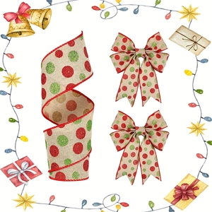 Close-up of burlap Christmas ribbon with red and green glitter dots and matching bows