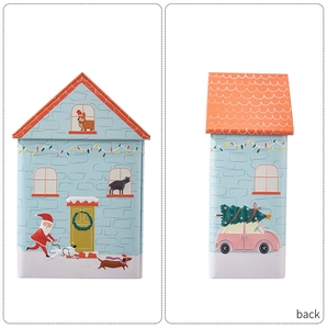 Blue Christmas house tin box with Santa and puppy dog illustrations front and back view