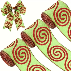 Christmas Ribbon Glitter Swirl Wired Edge Burlap Fabric Decorative For Wreaths Trees Holiday Gift Wrapping