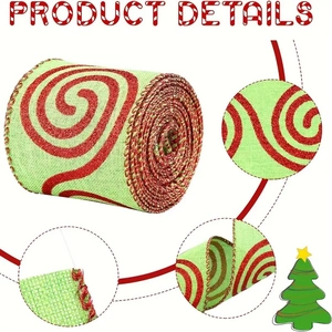 Christmas burlap ribbon with red glitter swirls and green background in roll