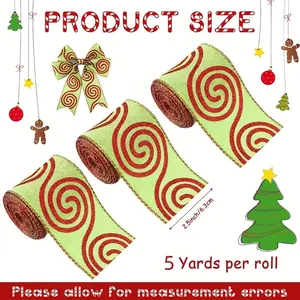 Christmas glitter burlap ribbon with wire edge and red spiral pattern, 2.5 inch width