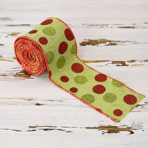 Ruban de jute vert avec pois pailletés rouges et bord filaire pour emballage cadeau