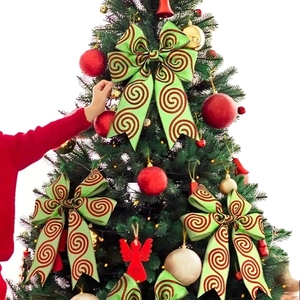 Christmas burlap bows with green base and brown spiral patterns for holiday tree decoration