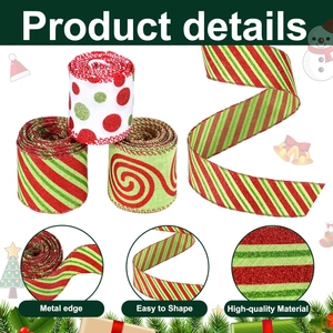Detail of Christmas wired edge ribbons with festive red green polka dots and swirl patterns