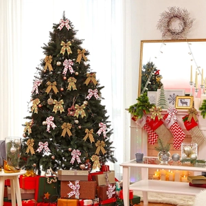 Close-up of festive Christmas bows featuring polka dots and swirls for holiday tree decor