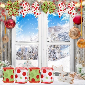 Close-up of four rolls of wired polka dot Christmas ribbons with festive bows and snow scenery
