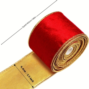 Detail of red velvet ribbon with gold edges, 6.4cm wide, 5 yards long for gift wrapping