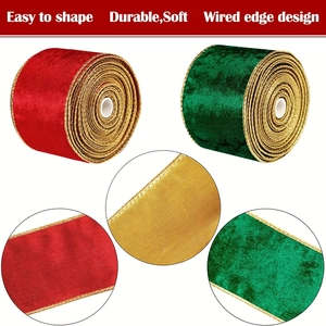 Detail of red and green velvet ribbons with wired edges for festive Christmas bow shaping