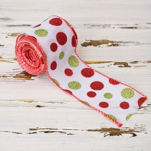 Ruban de Noël blanc avec pois pailletés rouges et verts et bordure cousue rouge