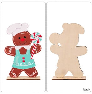 Front and back detail of a wooden gingerbread man ornament with chef hat and lollipop