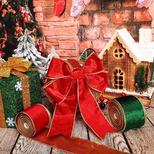 Red and green Christmas velvet ribbons with gold edges for gift wrapping bows