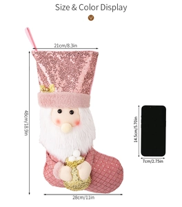 Calza di Natale rosa con paillettes, Babbo Natale 3D e dimensioni 48x28 cm