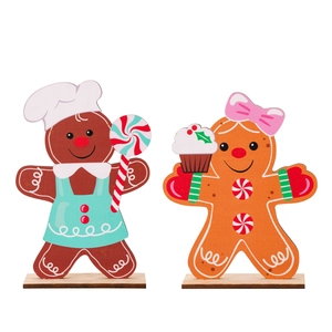 Christmas wooden gingerbread man tabletop ornaments set with lollipop and cupcake