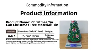 Detailed view of a Christmas tree-shaped tin storage box with festive patterns and weight display