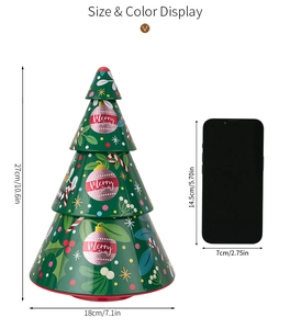Christmas tree shaped tin box with Merry Christmas prints and size reference measurements