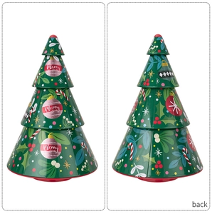 Three-tier Christmas tree shaped tin box with festive holiday patterns and Merry Christmas text