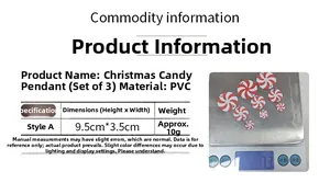 Size chart for 3-pack red and white PVC candy Christmas tree ornaments with dimensions