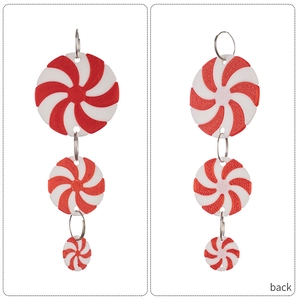 Detail of red and white peppermint candy drop earrings with three-tier swirl design