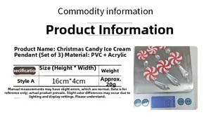 Macro shot of red and white candy icicle ornaments on scale showing 16x4cm size