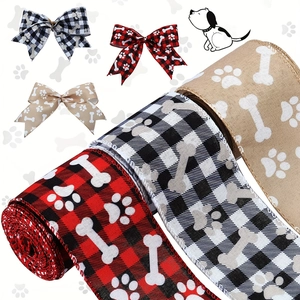 Nastro con Bordo Cablato a Tema Natalizio per Animali Domestici Buffalo Plaid Zampa di Cane Osso Finto Lino Nastro Decorativo