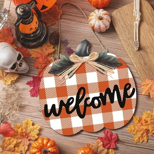 Kürbis Welcome Türschild Holz Büffel Karo Hängeornament Herbst Erntedankfest Saisonale Veranda Bauernhaus Dekoration
