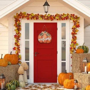 Fall harvest orange pumpkin welcome sign with hay bow for Thanksgiving front door decor
