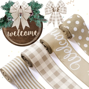 Rustic Polyester Burlap Ribbon Wired Edge Buffalo Plaid Polka Dot Stripes Welcome Lettering For DIY Crafts Decoration