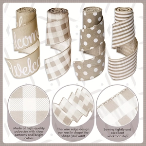 Farmhouse ribbon set with buffalo plaid, dots, and welcome stripes featuring wired edges