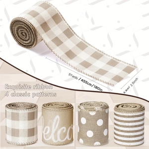 Detail of 2.5 inch wide farmhouse jute ribbons with welcome text and stripes