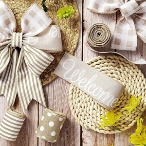 Farmhouse burlap ribbon rolls with stripes, buffalo plaid and Welcome print for DIY crafts