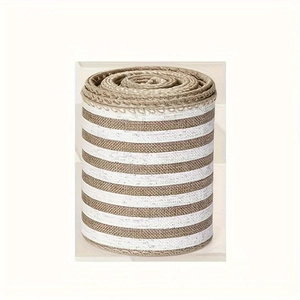 Close-up of farmhouse striped ribbon roll with rustic brown and white canvas texture