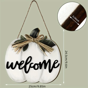 Detailed dimension guide for white pumpkin welcome door sign with harvest bow decoration