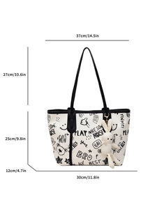 Cute large capacity white tote bag with graffiti illustrations and plush rabbit pendant