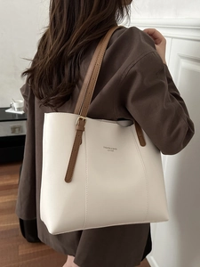 French style white leather tote bag with brown straps for women's winter fashion 2025