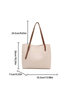French style cream tote bag with brown straps and detailed dimension specifications