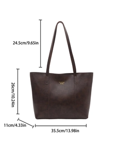 Large dark brown tote bag in matte synthetic leather with detailed size measurements