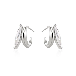 Minimalist silver C-shaped stud earrings with marquise-cut clear cubic zirconia crystals