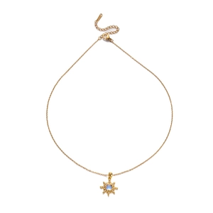 Golden sunflower necklace with blue moonstone pendant and crystals on white background