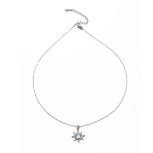 Close-up of silver sunflower pendant necklace with light blue stone and lobster clasp