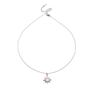 Detail of silver sunflower necklace with pink opal and zircon pavé on a white background