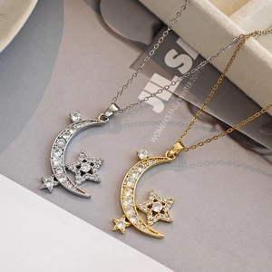 Star Moon Pendant Necklace For Women Titanium Steel Inlaid Zircon Dainty Clavicle Chain Fashion Jewelry Accessory