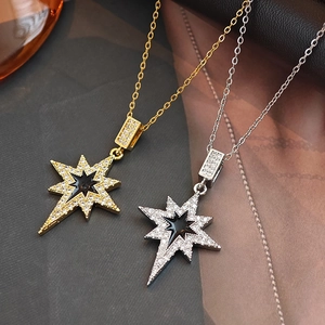 Starburst Pendant Necklace Stainless Steel Brass With Zirconia Black Enamel Star Korean Fashion Jewelry For Women Elegant