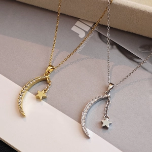 Moon And Star Pendant Necklace Titanium Steel Copper With Zircon Inlay Elegant Clavicle Chain For Women