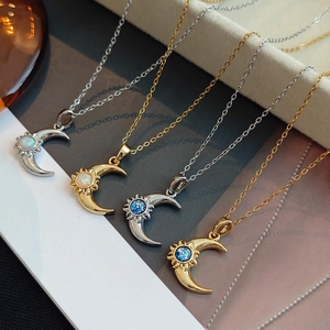 Celestial Moon And Sun Pendant Necklace Titanium Steel Copper Synthetic Opal Zircon Jewelry For Women Elegant Dainty