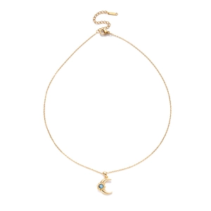 Gold moon pendant necklace with blue sapphire inlay and polished stainless steel chain