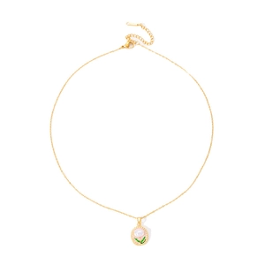 Collana floreale vintage francese con catena dorata e ciondolo foglia smaltata