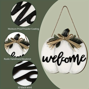 White pumpkin welcome sign with 3D text and rustic bow for harvest door decoration