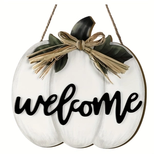 White wooden pumpkin door sign with black welcome text and rustic raffia bow decor