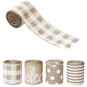 Farmhouse ribbon set with buffalo plaid, dots, stripes and Welcome art print