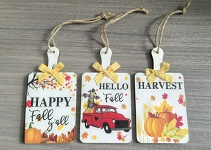 Set of 3 wooden fall hanging signs with pumpkins, scarecrows and buffalo check bows